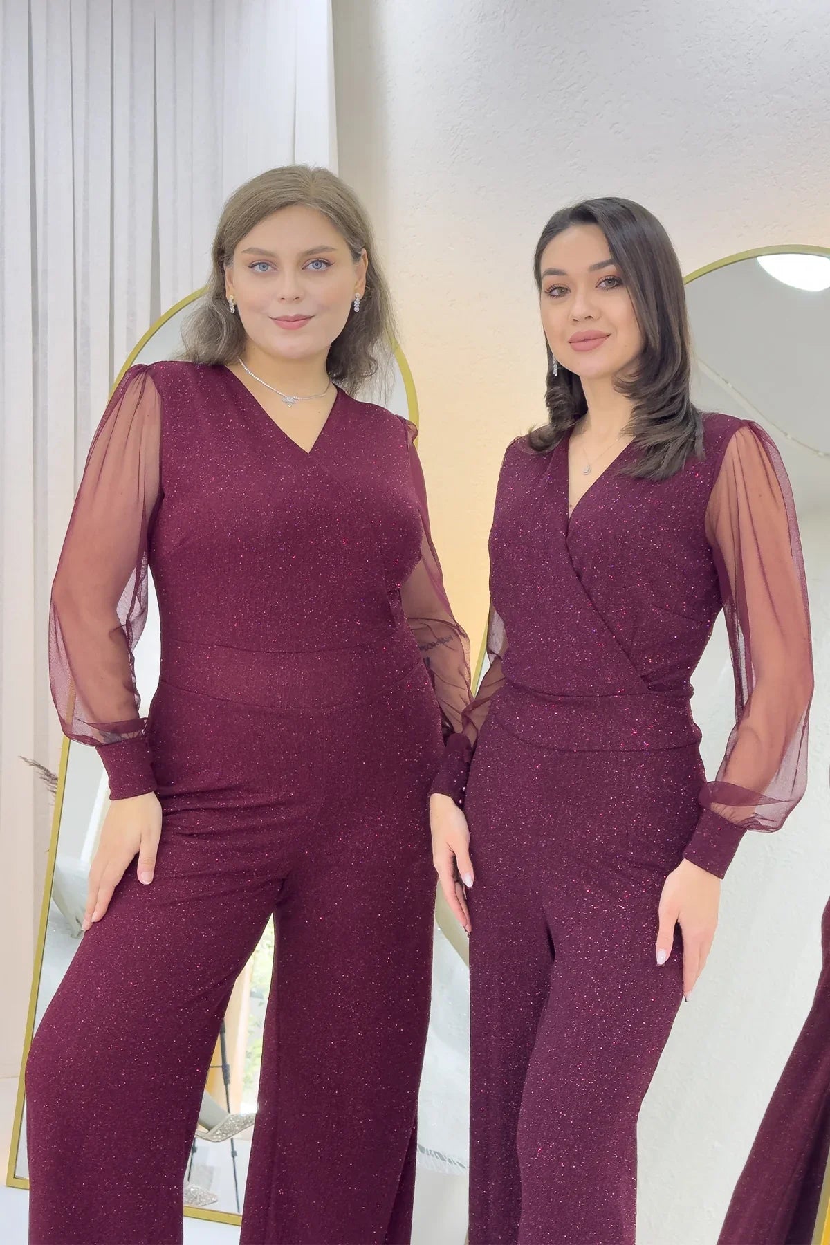 Bordo Simli Kruvaze Yaka Tül Kol Abiye Tulum 