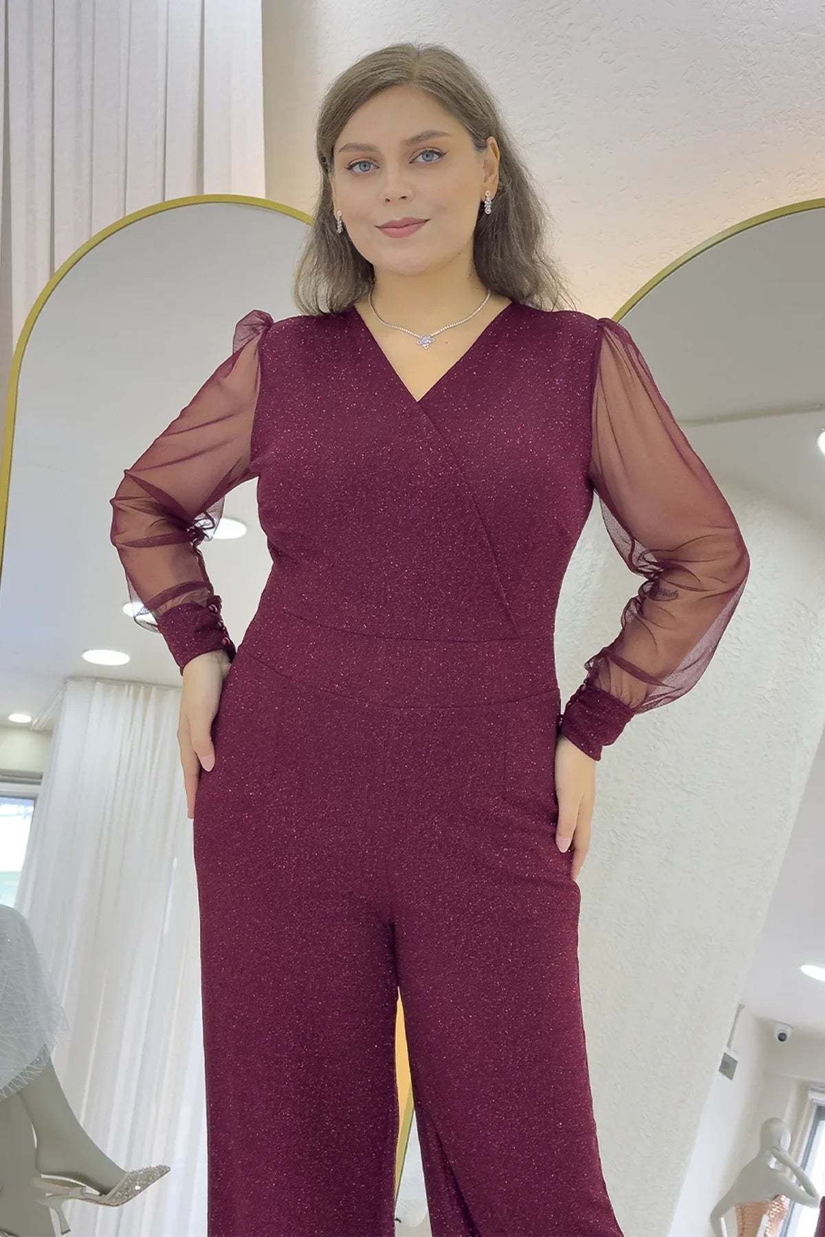 Bordo Simli Kruvaze Yaka Tül Kol Abiye Tulum 