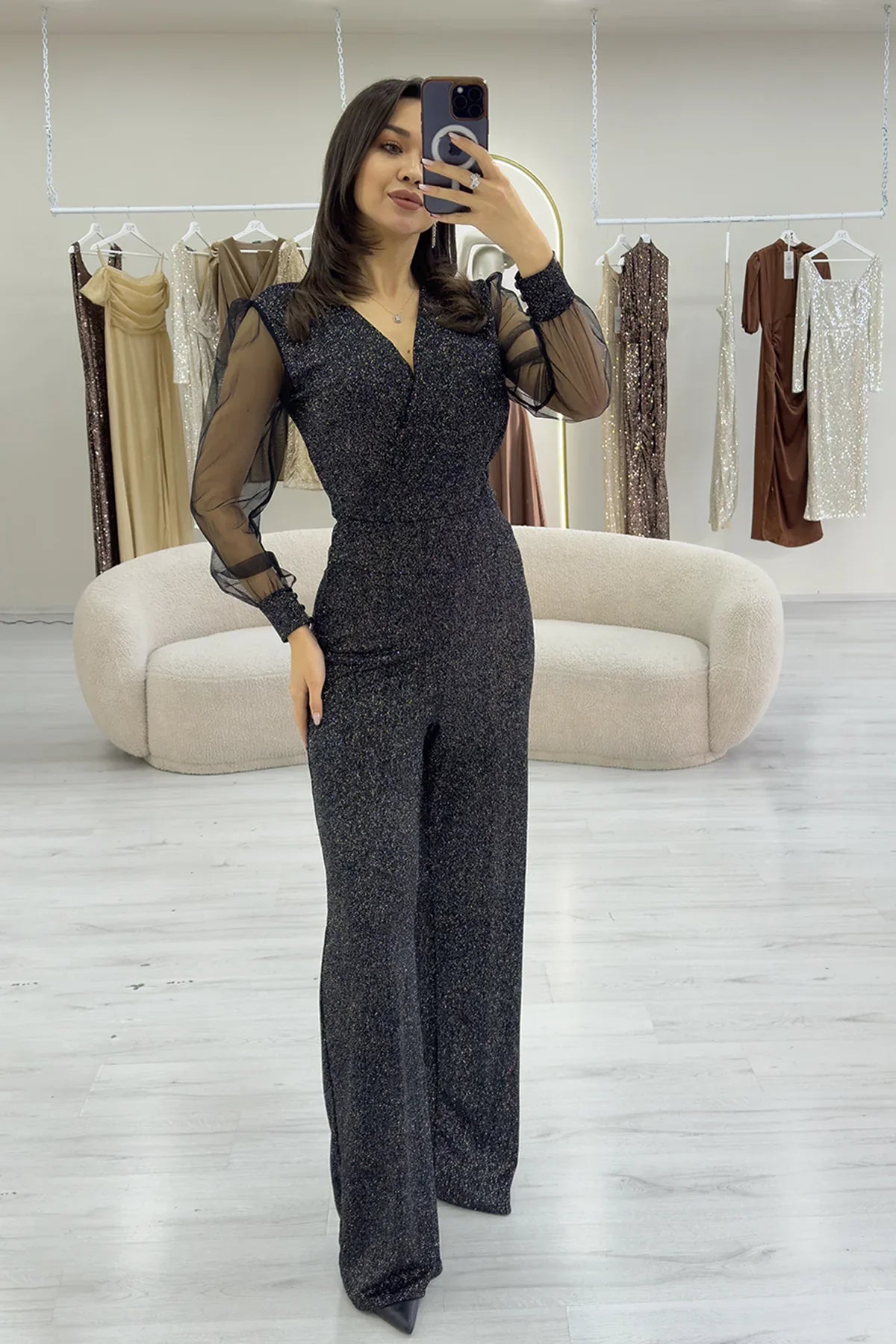 Gümüş Simli Kruvaze Yaka Tül Kol Abiye Tulum