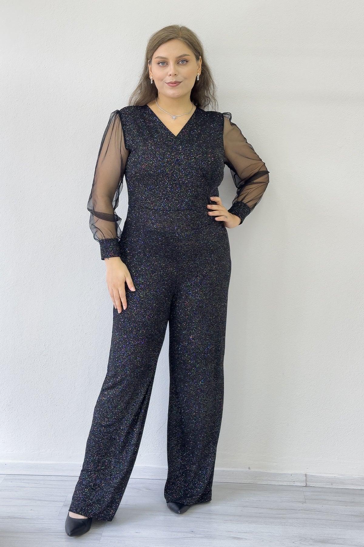 Gümüş Simli Kruvaze Yaka Tül Kol Abiye Tulum