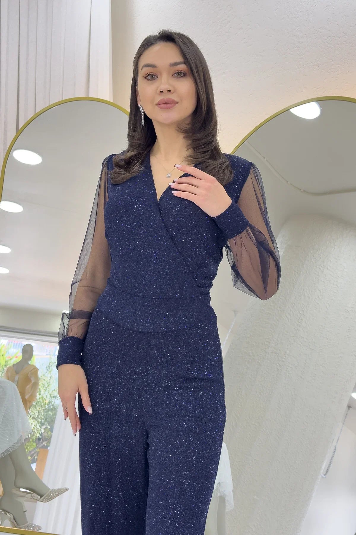 Lacivert Simli Kruvaze Yaka Tül Kol Abiye Tulum