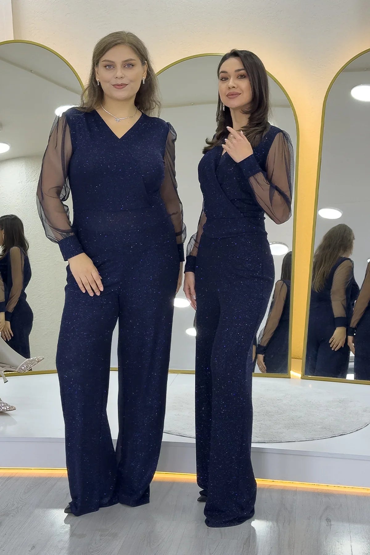 Lacivert Simli Kruvaze Yaka Tül Kol Abiye Tulum