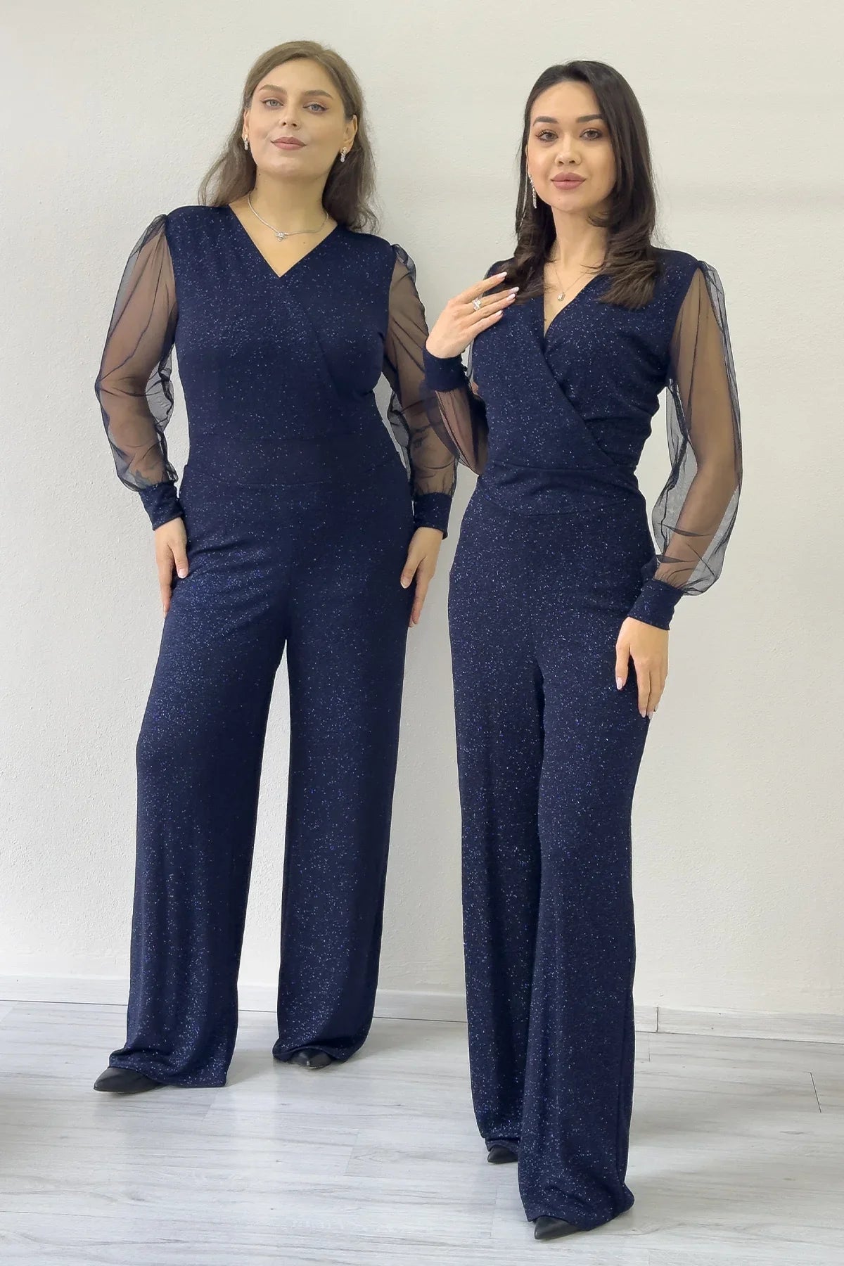 Lacivert Simli Kruvaze Yaka Tül Kol Abiye Tulum