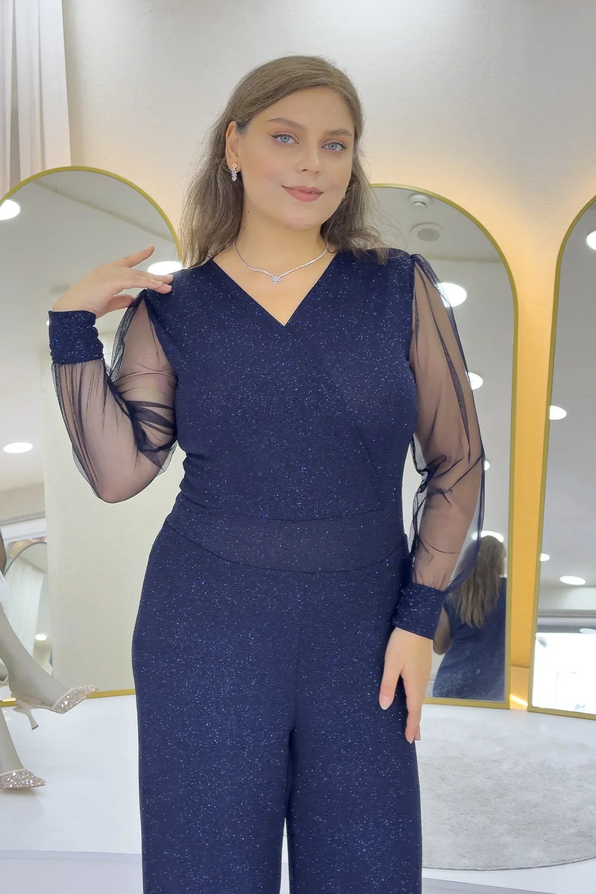 Lacivert Simli Kruvaze Yaka Tül Kol Abiye Tulum