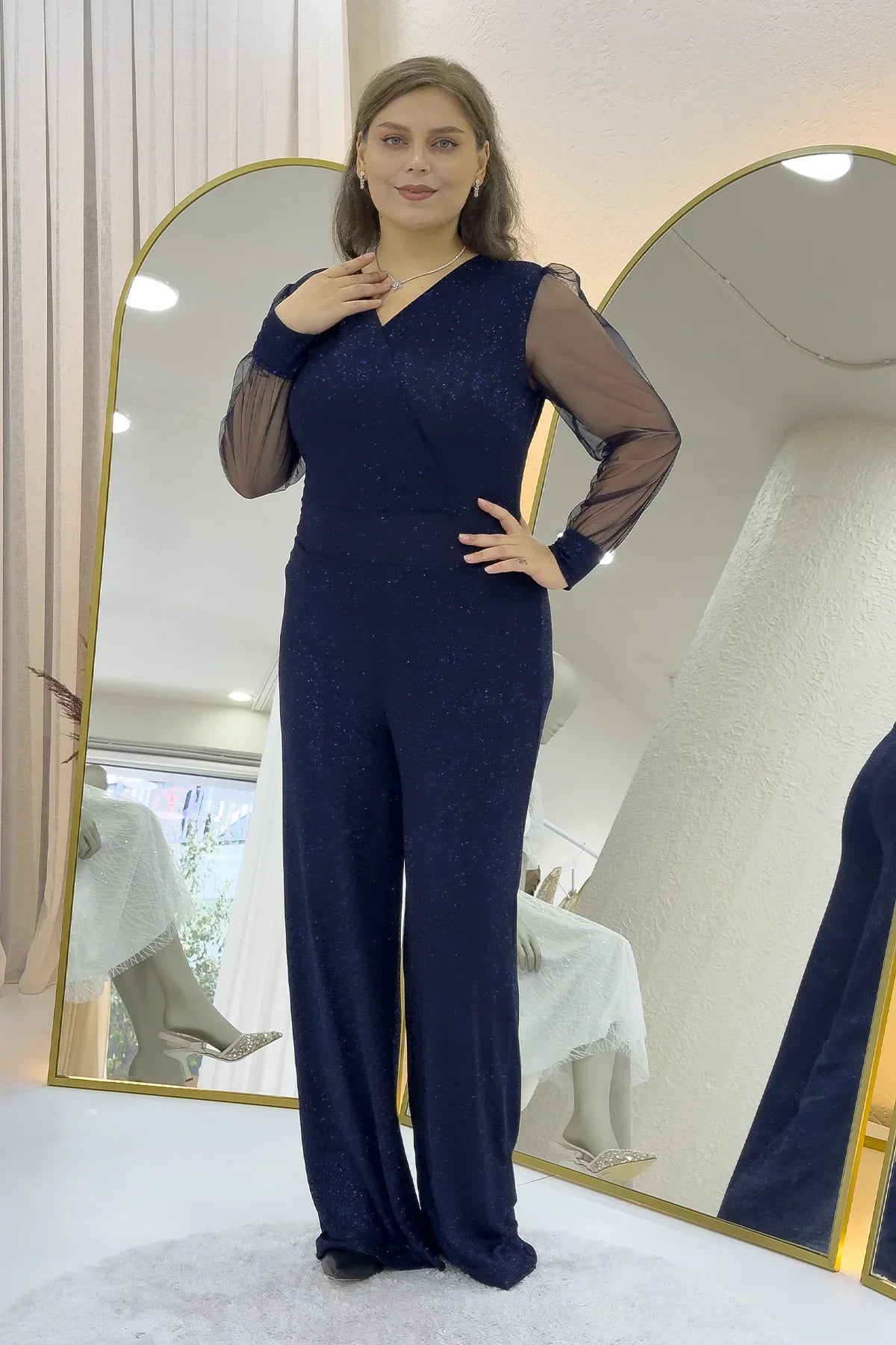 Lacivert Simli Kruvaze Yaka Tül Kol Abiye Tulum