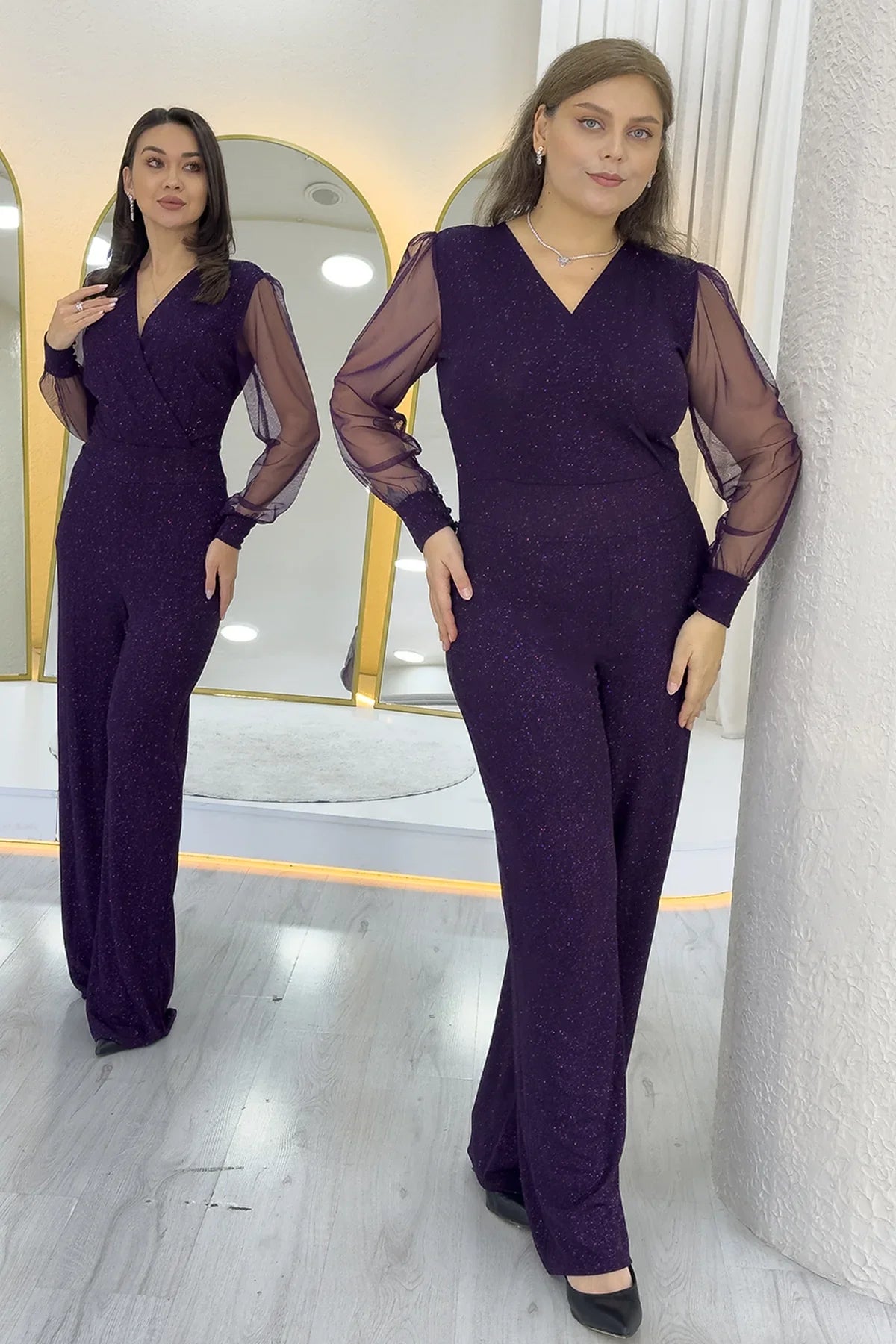 Mor Simli Kruvaze Yaka Tül Kol Abiye Tulum