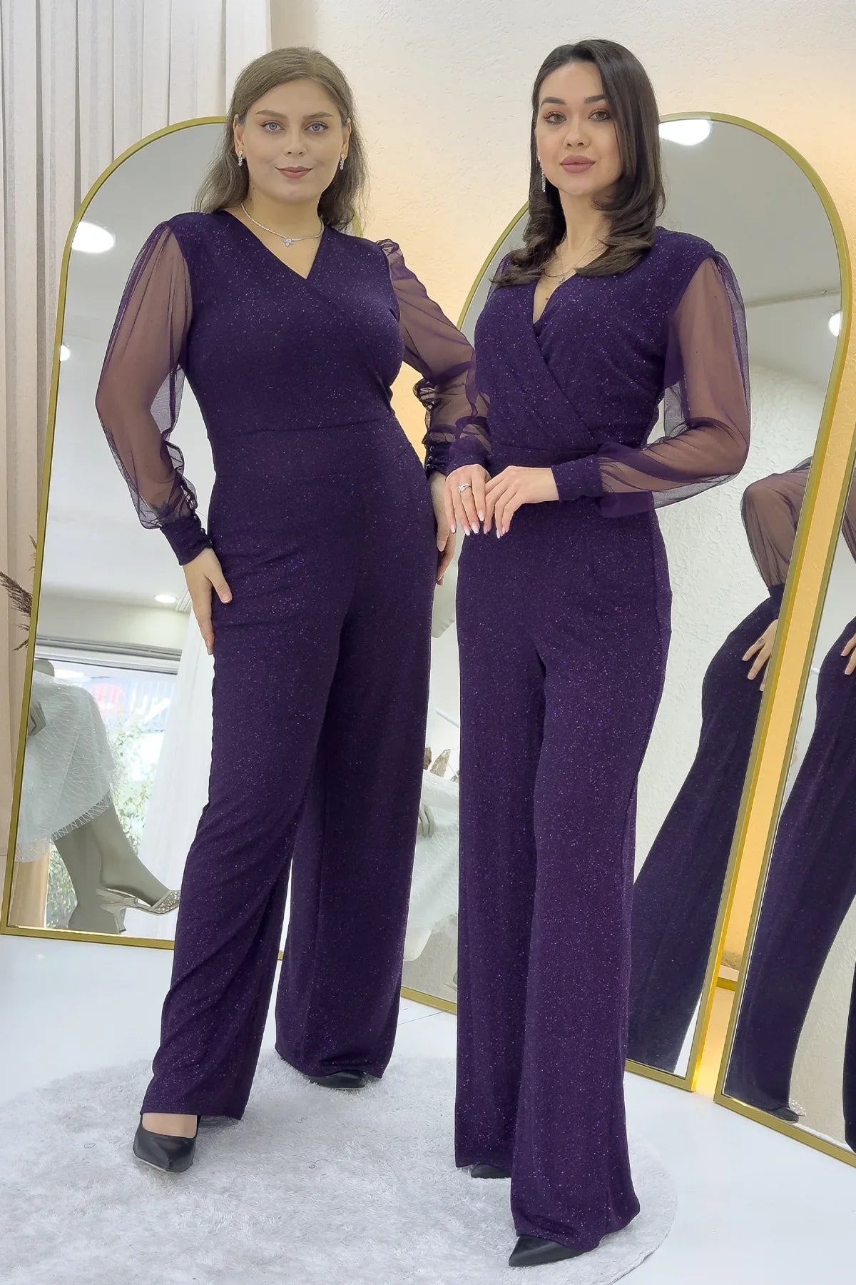 Mor Simli Kruvaze Yaka Tül Kol Abiye Tulum