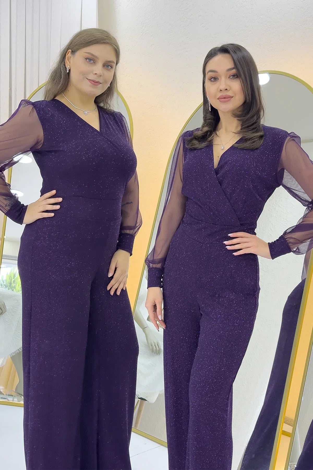 Mor Simli Kruvaze Yaka Tül Kol Abiye Tulum