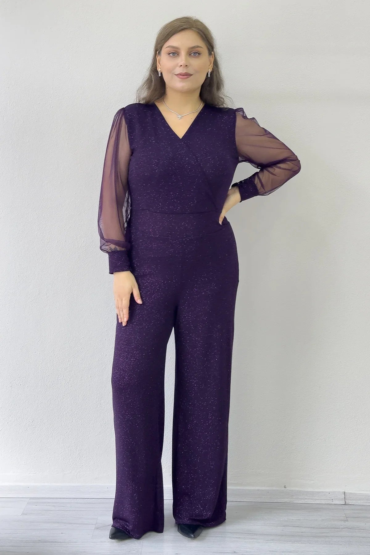 Mor Simli Kruvaze Yaka Tül Kol Abiye Tulum