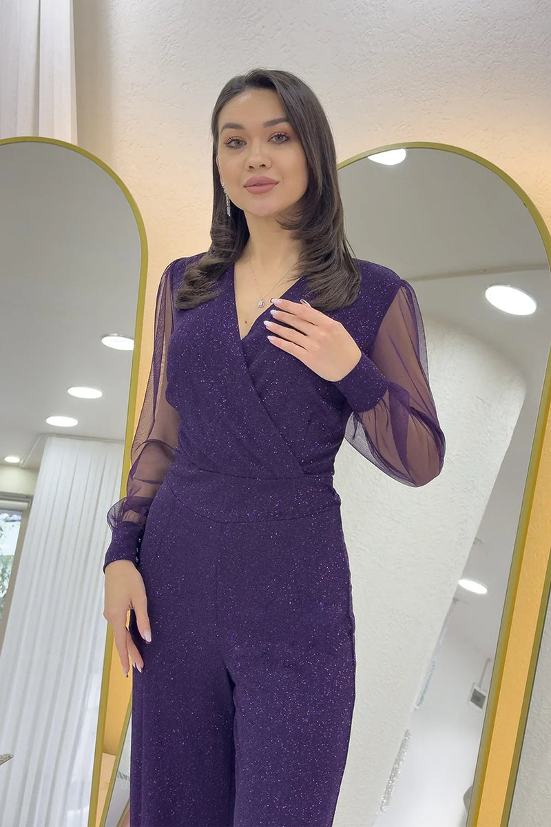 Mor Simli Kruvaze Yaka Tül Kol Abiye Tulum