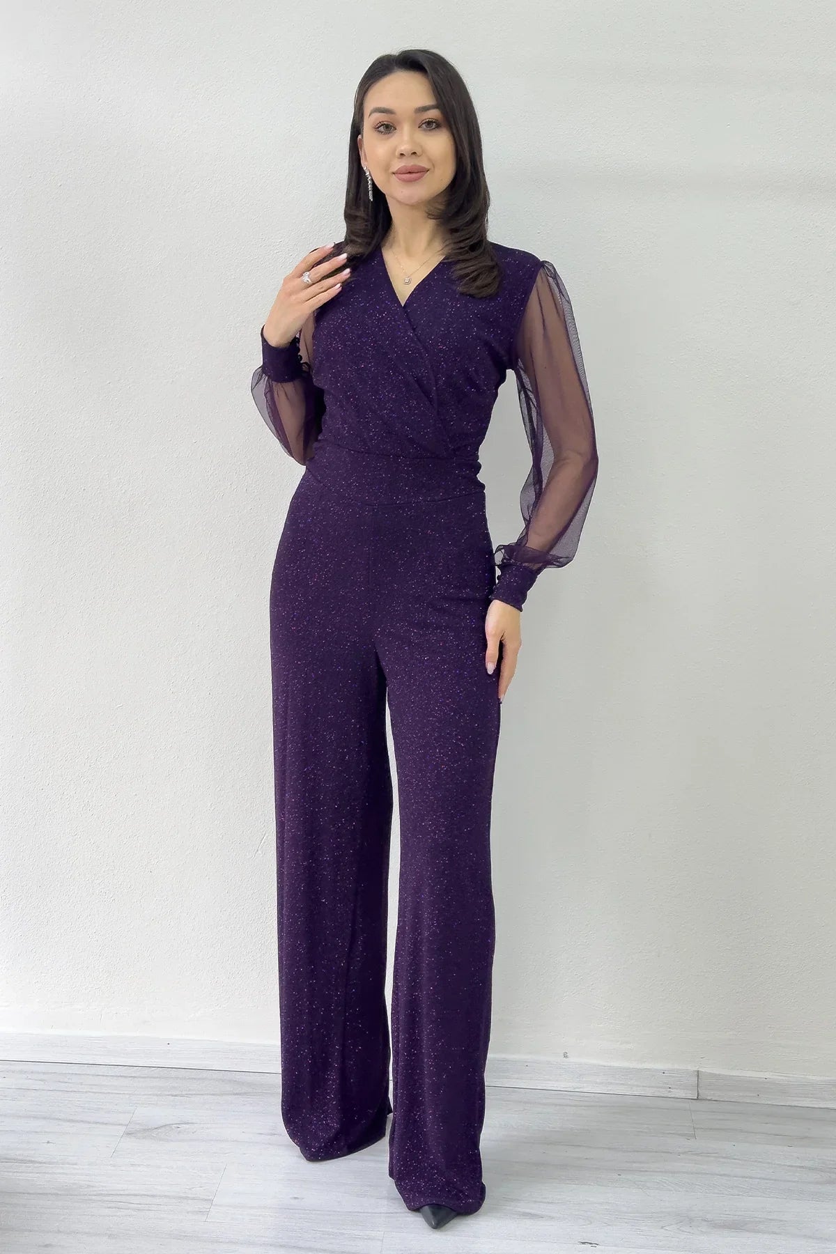 Mor Simli Kruvaze Yaka Tül Kol Abiye Tulum