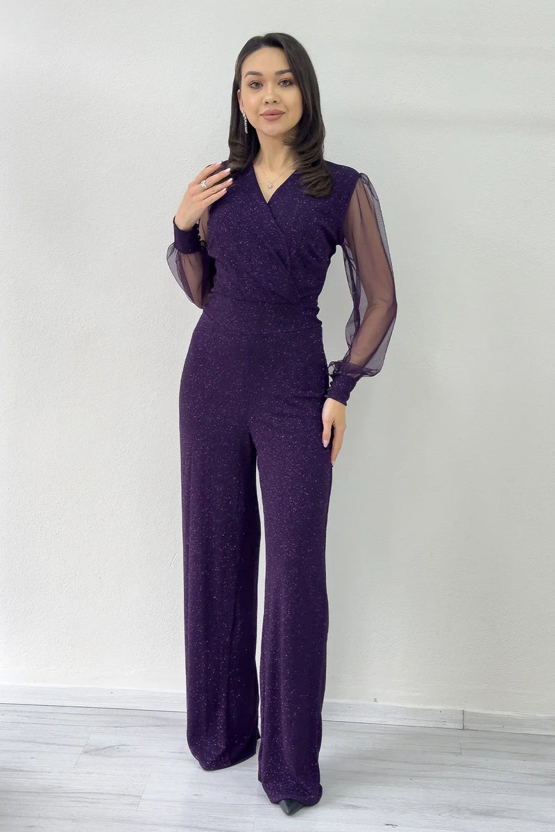 Mor Simli Kruvaze Yaka Tül Kol Abiye Tulum