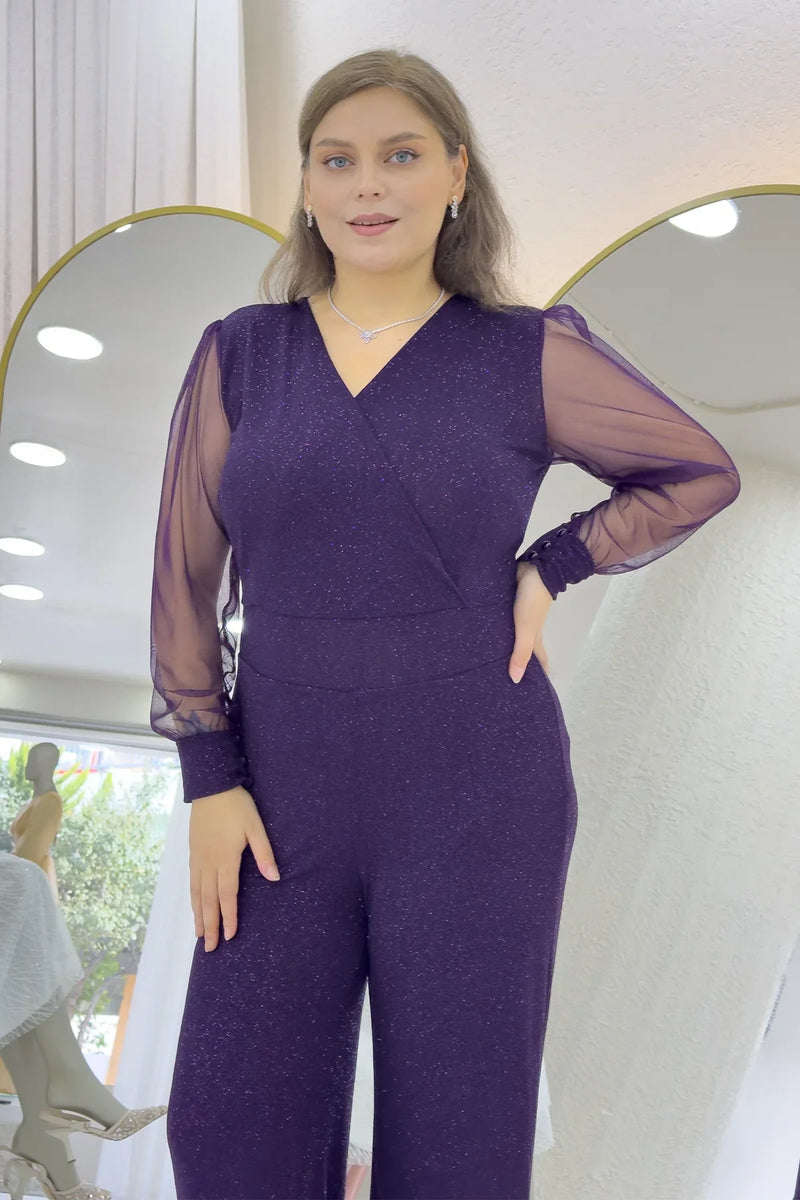 Mor Simli Kruvaze Yaka Tül Kol Abiye Tulum