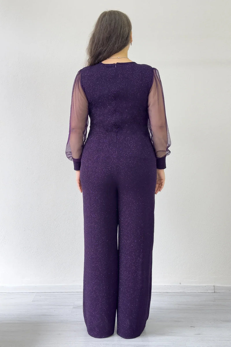 Mor Simli Kruvaze Yaka Tül Kol Abiye Tulum