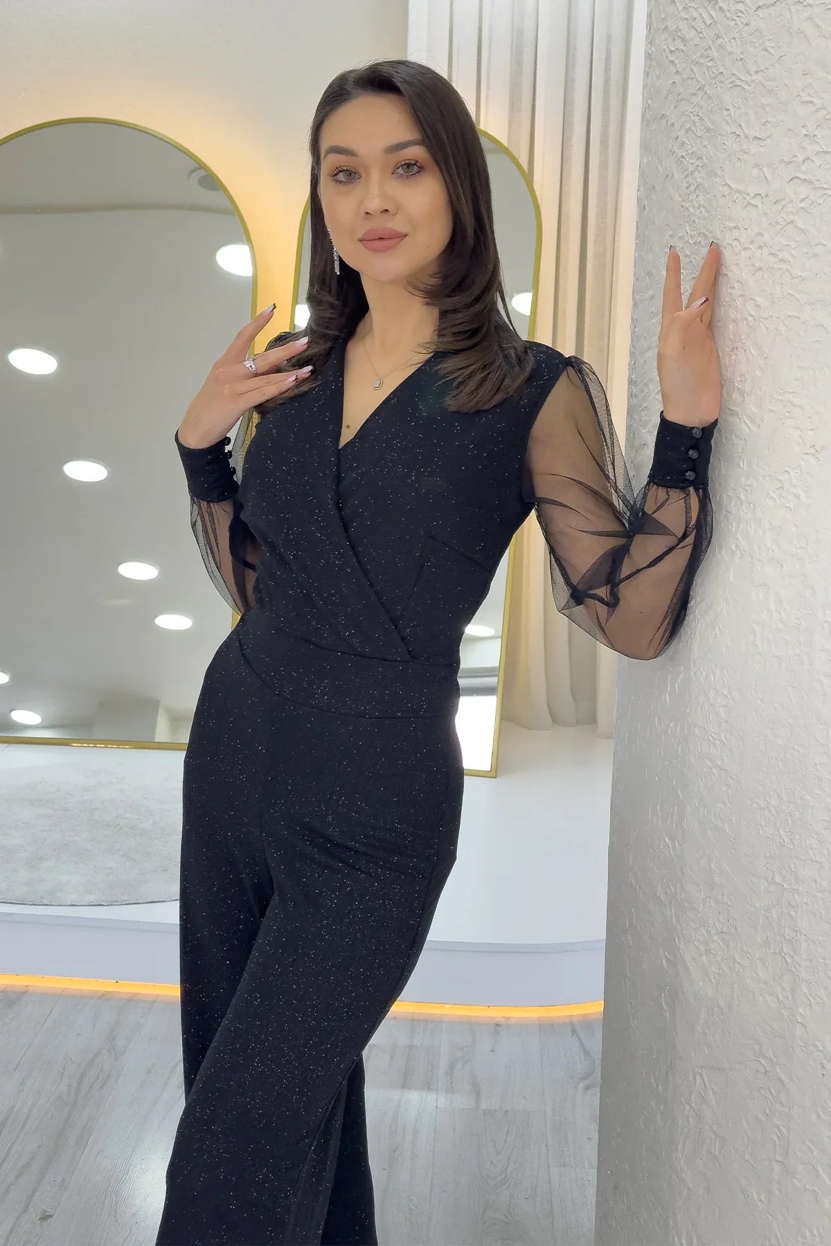 Siyah Simli Kruvaze Yaka Tül Kol Abiye Tulum