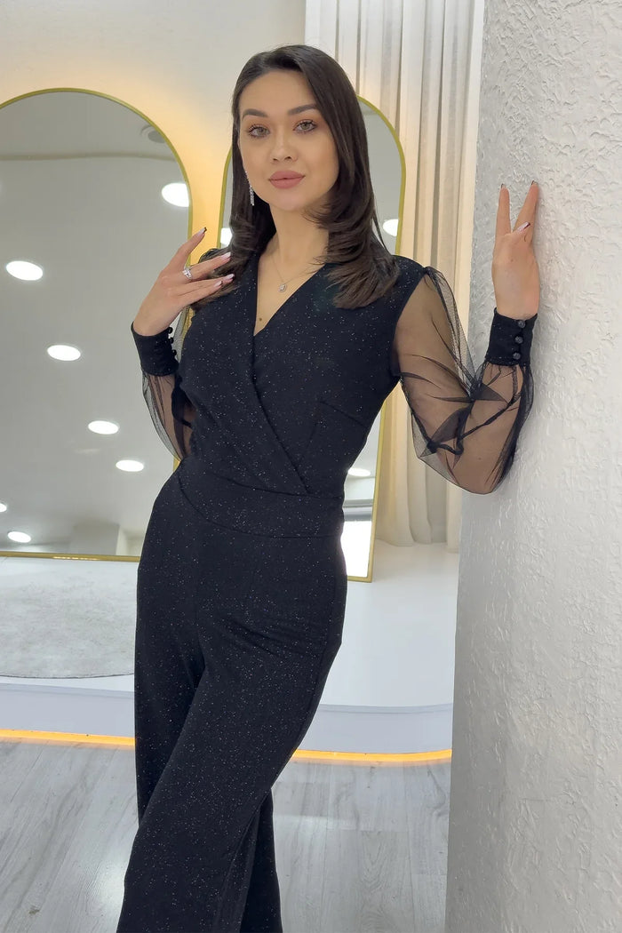 Siyah Simli Kruvaze Yaka Tül Kol Abiye Tulum