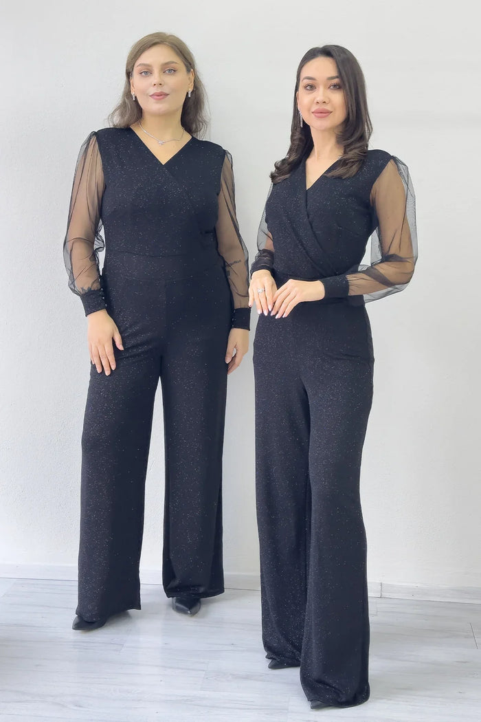 Siyah Simli Kruvaze Yaka Tül Kol Abiye Tulum