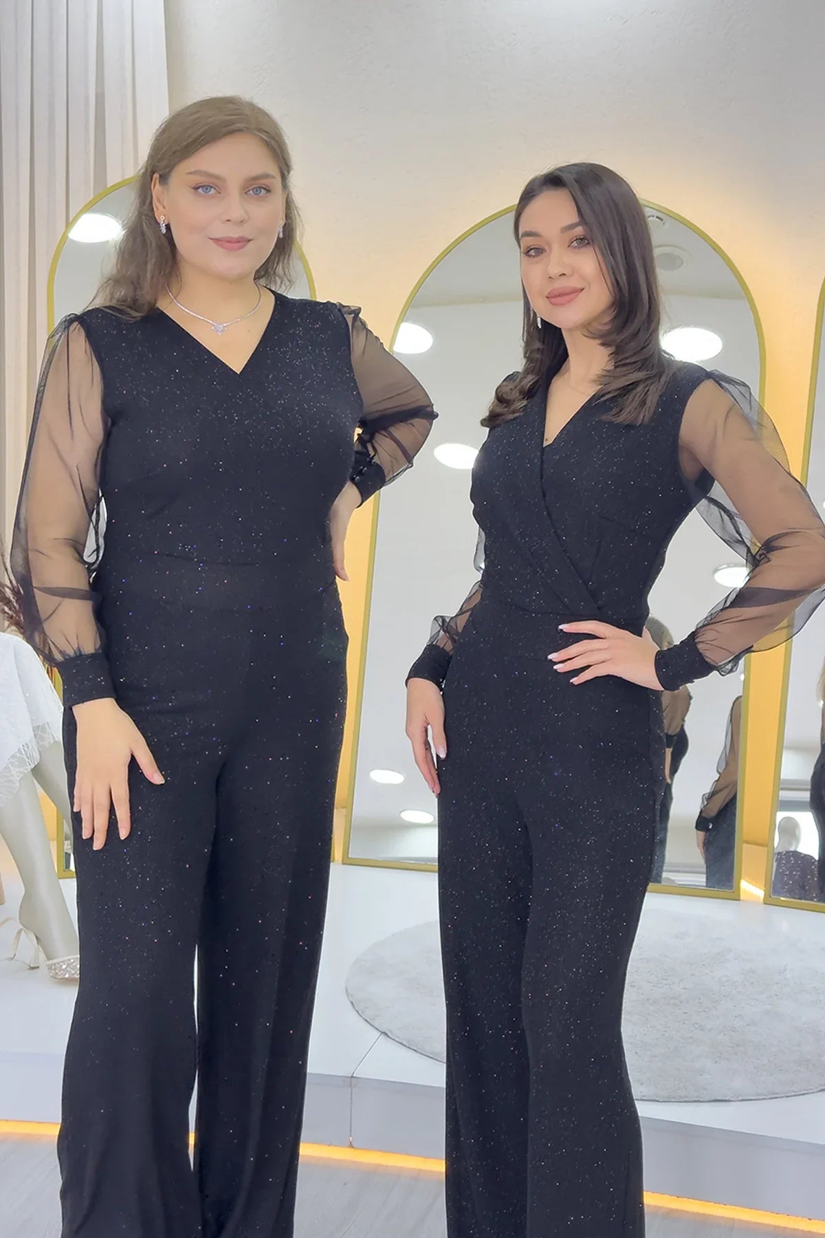 Siyah Simli Kruvaze Yaka Tül Kol Abiye Tulum