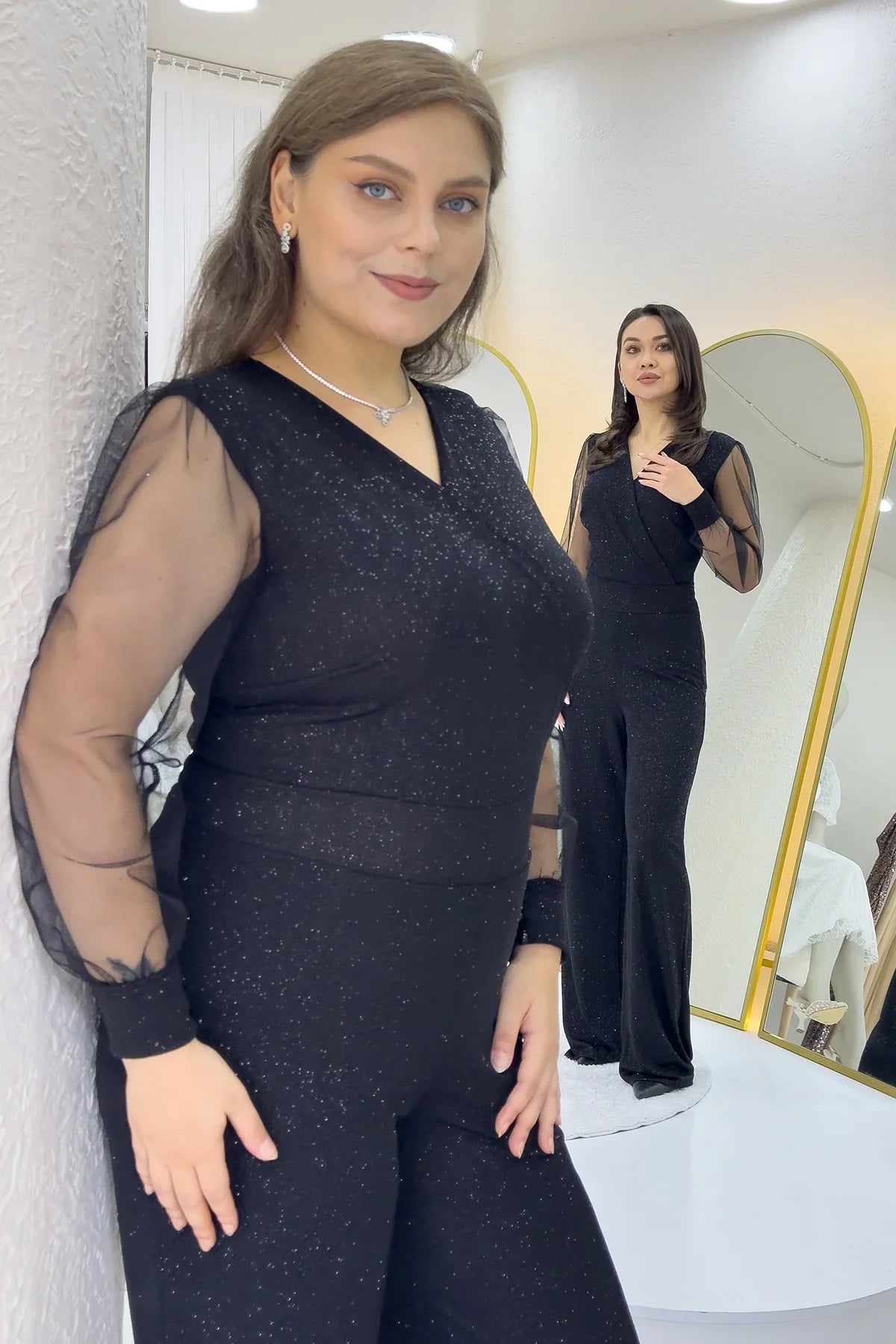 Siyah Simli Kruvaze Yaka Tül Kol Abiye Tulum