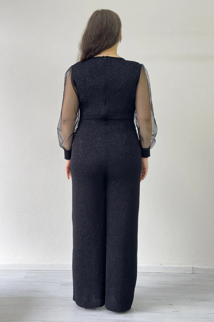 Siyah Simli Kruvaze Yaka Tül Kol Abiye Tulum