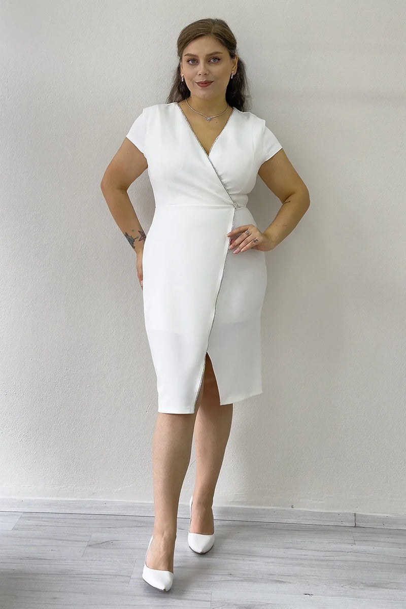 Beyaz Kruvaze Yaka Midi Boy Büyük Beden Nikah Elbise