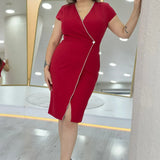 Kırmızı Kruvaze Yaka Midi Boy Büyük Beden Elbise