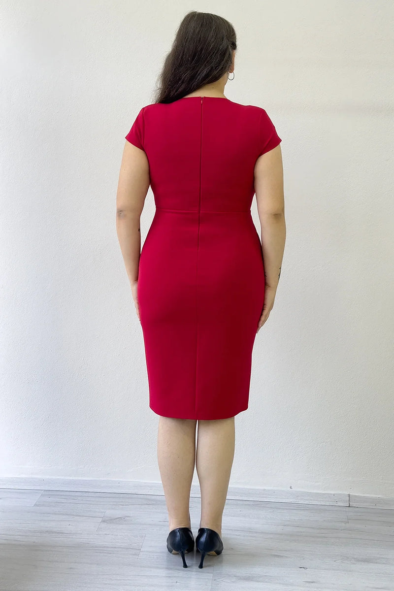 Kırmızı Kruvaze Yaka Midi Boy Büyük Beden Elbise