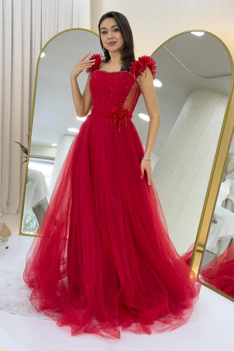 Kırmızı Omuz Çiçekli Transparan Detay İşlemeli Prenses Model Tül Kına Abiye Elbise 