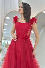 Kırmızı Omuz Çiçekli Transparan Detay İşlemeli Prenses Model Tül Kına Abiye Elbise 