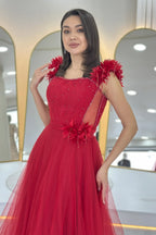 Kırmızı Omuz Çiçekli Transparan Detay İşlemeli Prenses Model Tül Kına Abiye Elbise 