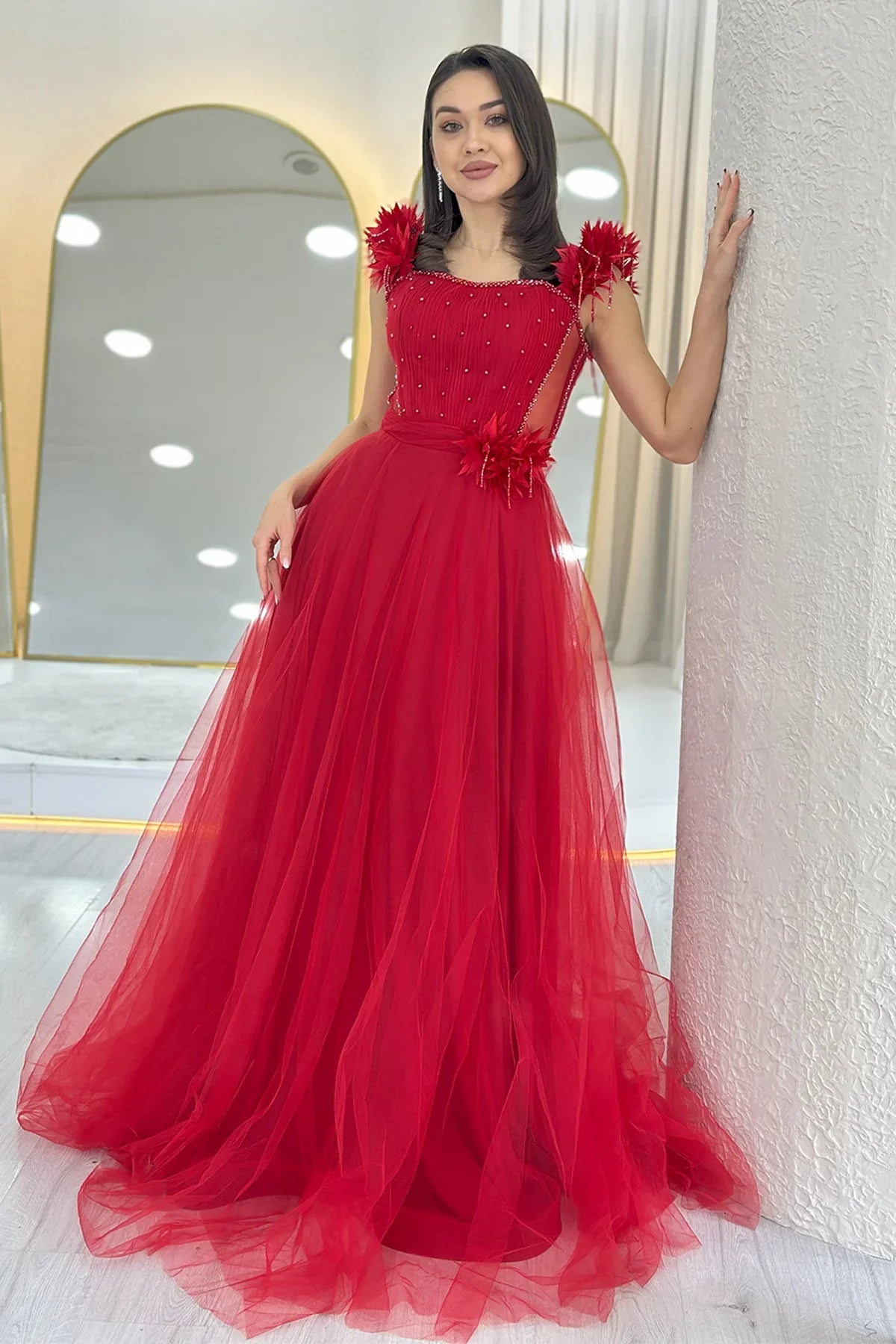 Kırmızı Omuz Çiçekli Transparan Detay İşlemeli Prenses Model Tül Kına Abiye Elbise 