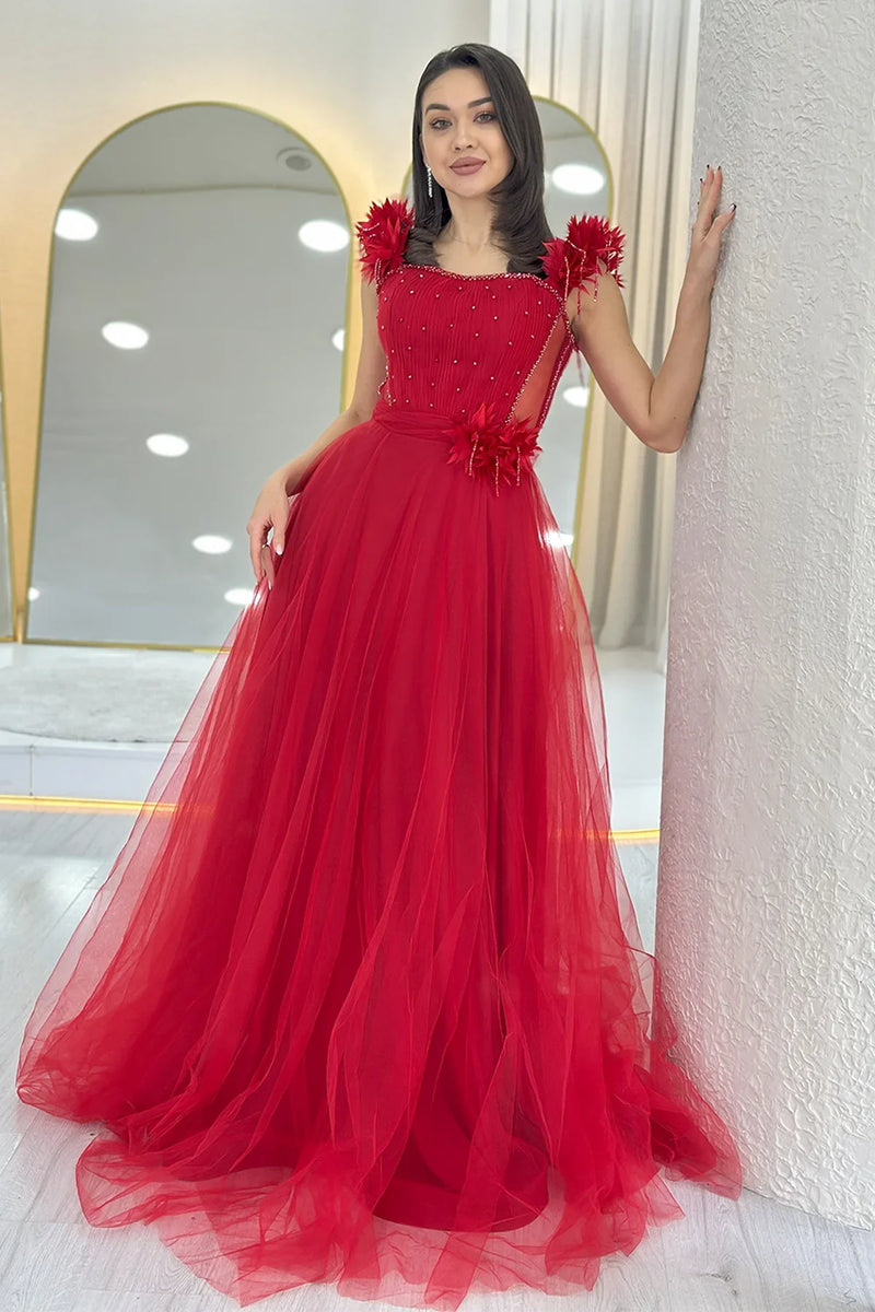 Kırmızı Omuz Çiçekli Transparan Detay İşlemeli Prenses Model Tül Kına Abiye Elbise 