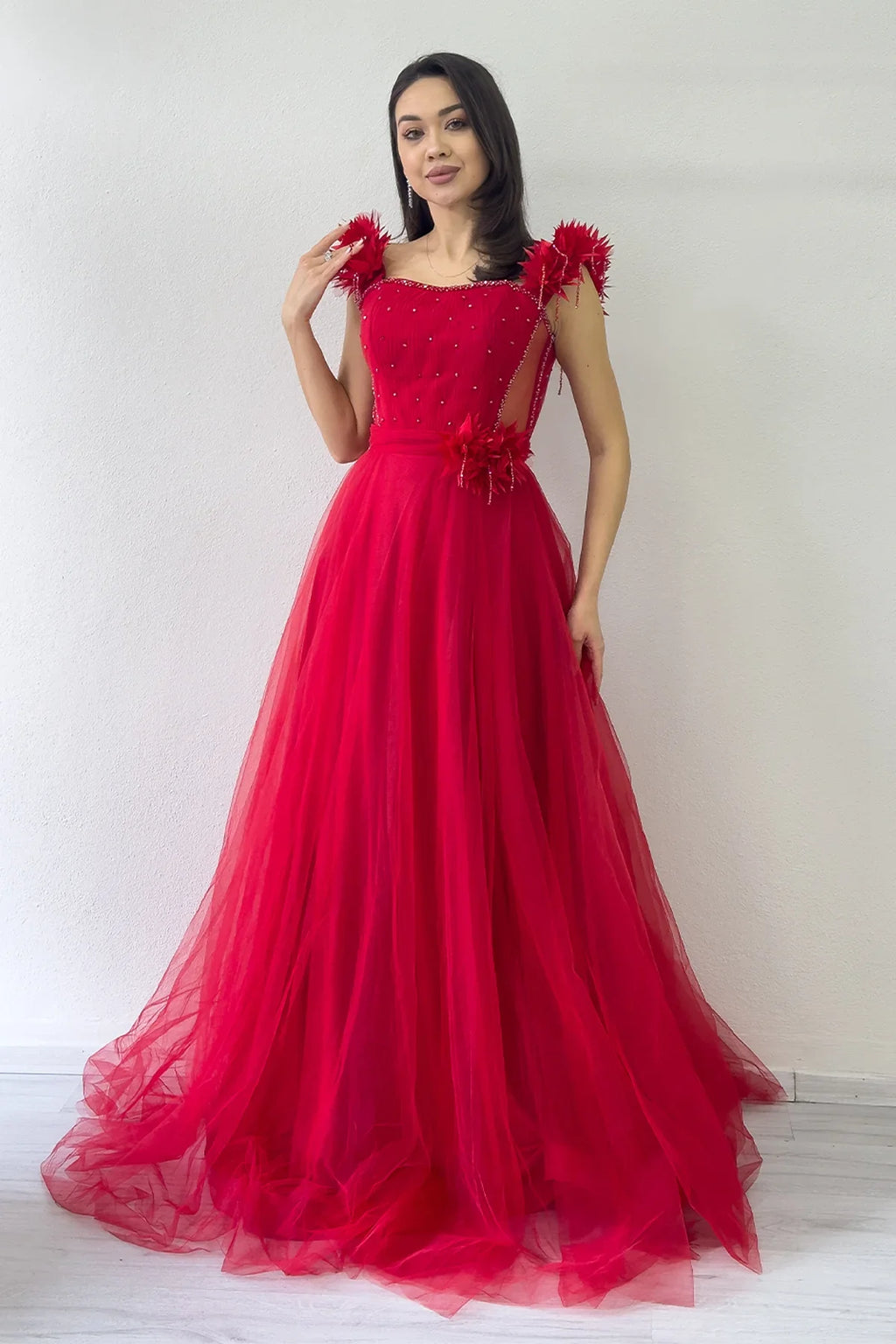 Kırmızı Omuz Çiçekli Transparan Detay İşlemeli Prenses Model Tül Kına Abiye Elbise 