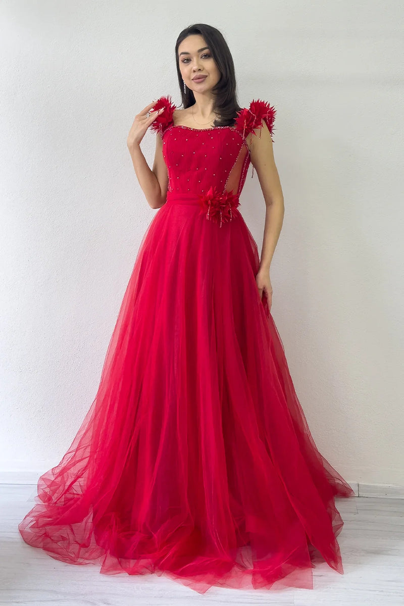 Kırmızı Omuz Çiçekli Transparan Detay İşlemeli Prenses Model Tül Kına Abiye Elbise 