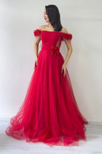 Kırmızı Omuz Çiçekli Transparan Detay İşlemeli Prenses Model Tül Kına Abiye Elbise 