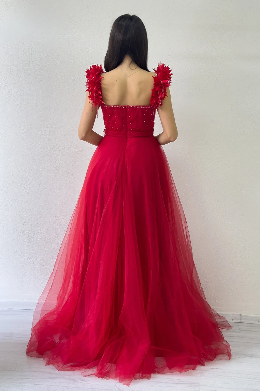 Kırmızı Omuz Çiçekli Transparan Detay İşlemeli Prenses Model Tül Kına Abiye Elbise 