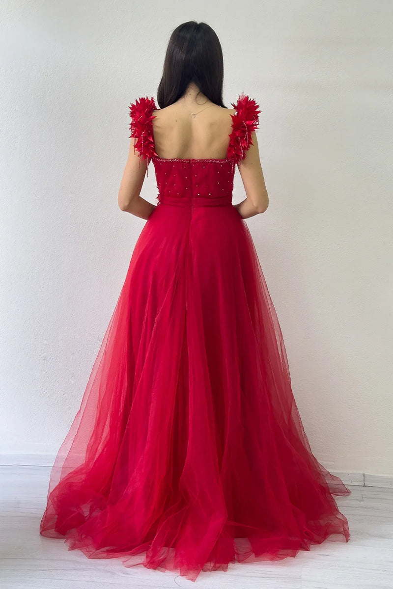 Kırmızı Omuz Çiçekli Transparan Detay İşlemeli Prenses Model Tül Kına Abiye Elbise 