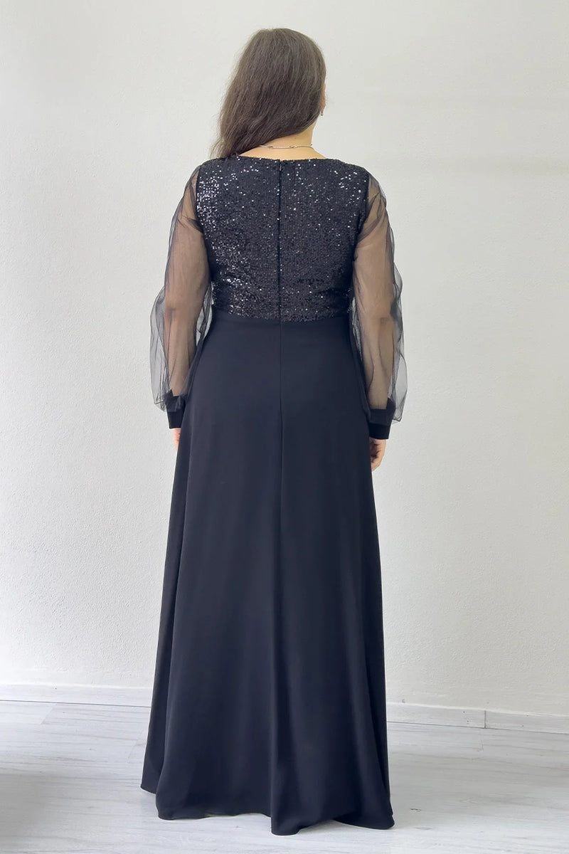 Siyah Transparan Kol Pul Payet Büyük Beden Abiye Elbise