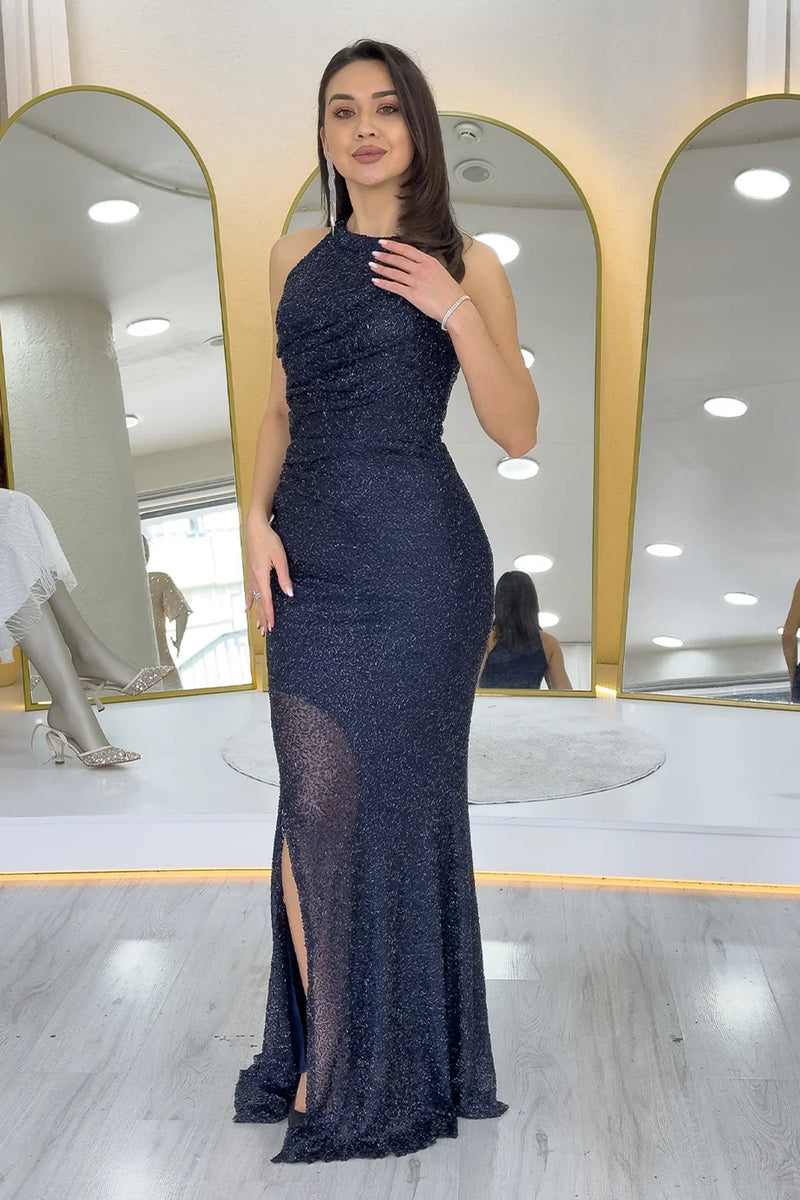 Lacivert İşlemeli Halter Yaka Drapeli Yırtmaçlı Abiye Elbise