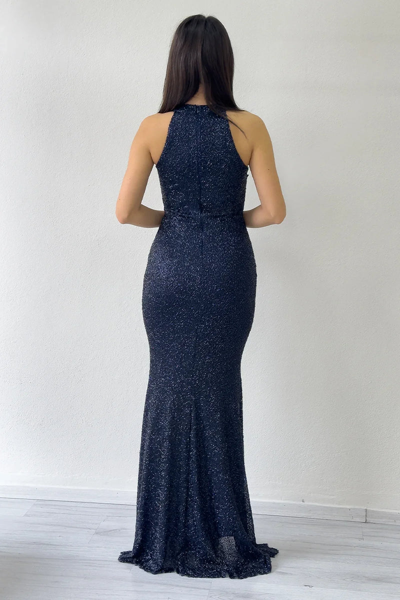 Lacivert İşlemeli Halter Yaka Drapeli Yırtmaçlı Abiye Elbise