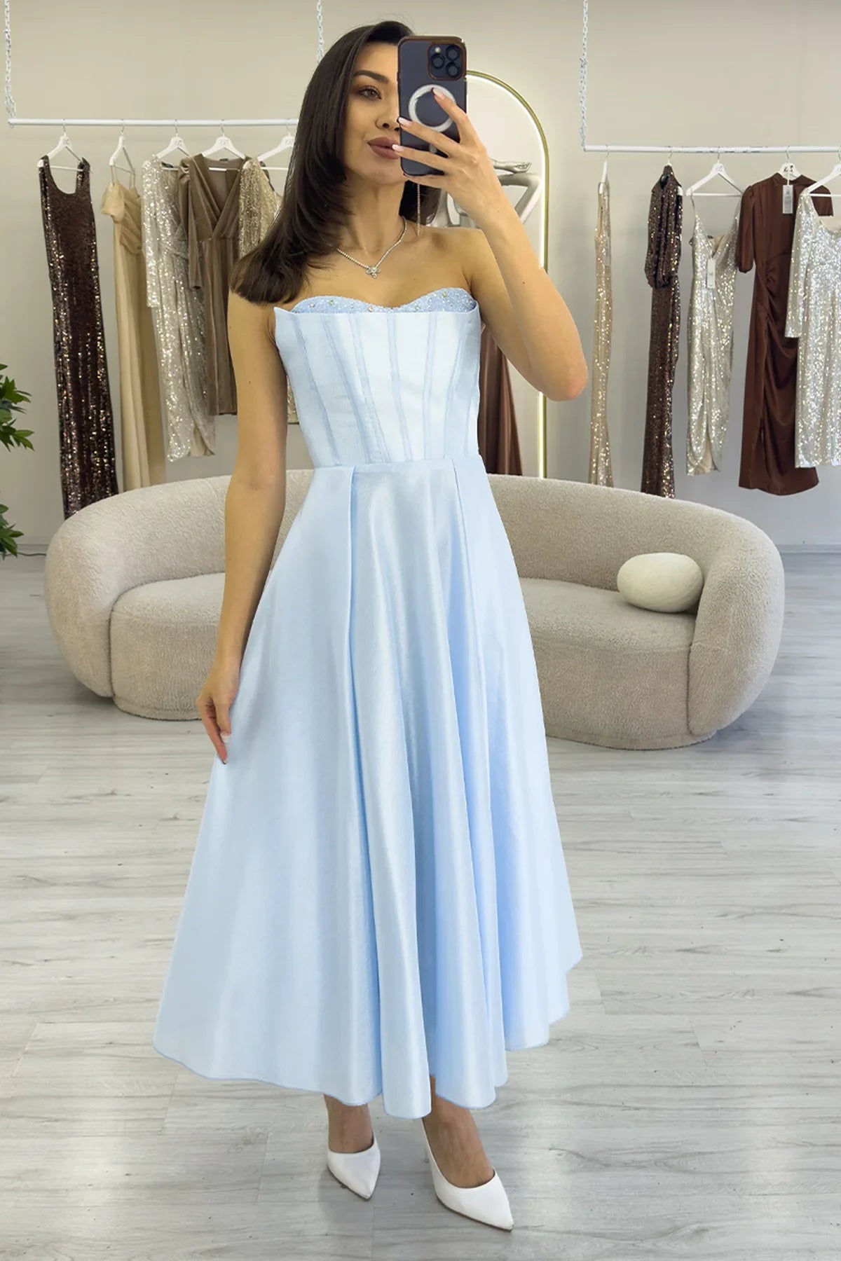 Bebe Mavi Boncuk İşlemeli Straplez Korse Görünümlü Midi Boy Prenses Abiye Elbise