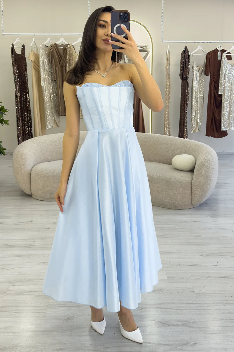 Bebe Mavi Boncuk İşlemeli Straplez Korse Görünümlü Midi Boy Prenses Abiye Elbise