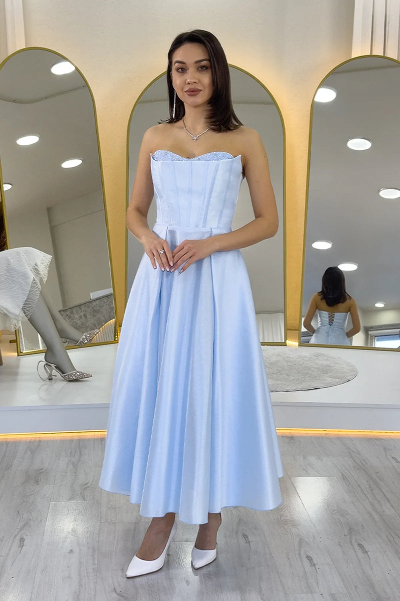 Bebe Mavi Boncuk İşlemeli Straplez Korse Görünümlü Midi Boy Prenses Abiye Elbise