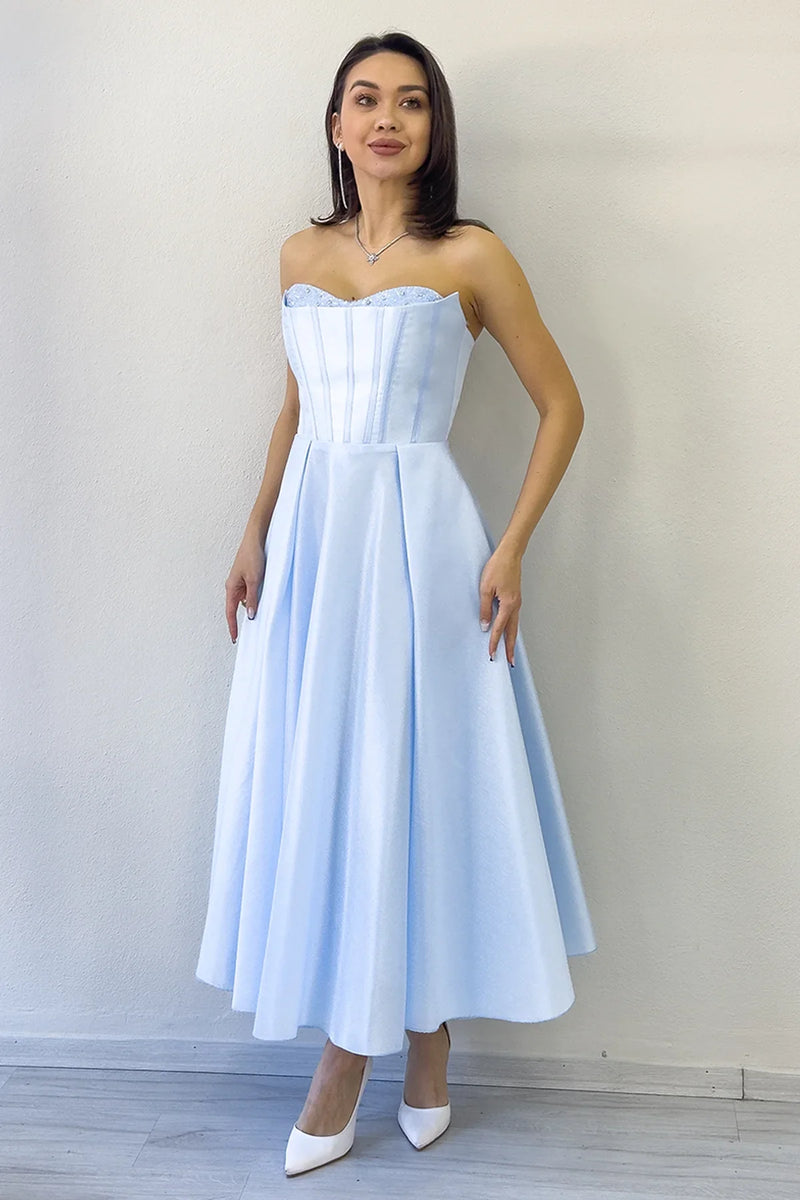 Bebe Mavi Boncuk İşlemeli Straplez Korse Görünümlü Midi Boy Prenses Abiye Elbise