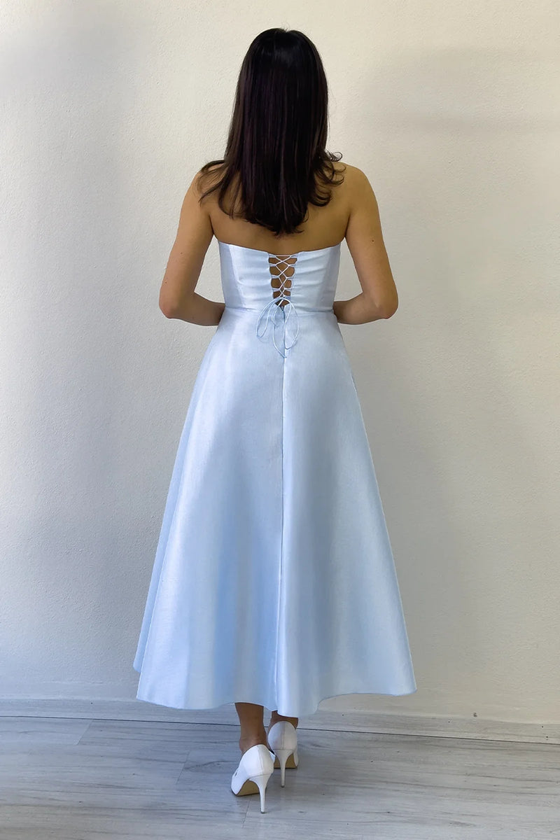 Bebe Mavi Boncuk İşlemeli Straplez Korse Görünümlü Midi Boy Prenses Abiye Elbise