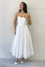 Beyaz Boncuk İşlemeli Straplez Korse Görünümlü Midi Boy Prenses Nikah Abiye Elbise