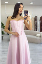 Pudra Boncuk İşlemeli Straplez Korse Görünümlü Midi Boy Prenses Abiye Elbise