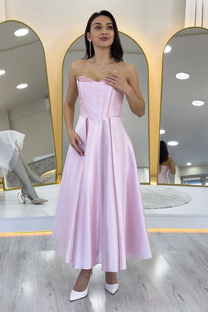 Pudra Boncuk İşlemeli Straplez Korse Görünümlü Midi Boy Prenses Abiye Elbise