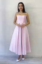 Pudra Boncuk İşlemeli Straplez Korse Görünümlü Midi Boy Prenses Abiye Elbise