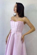 Pudra Boncuk İşlemeli Straplez Korse Görünümlü Midi Boy Prenses Abiye Elbise